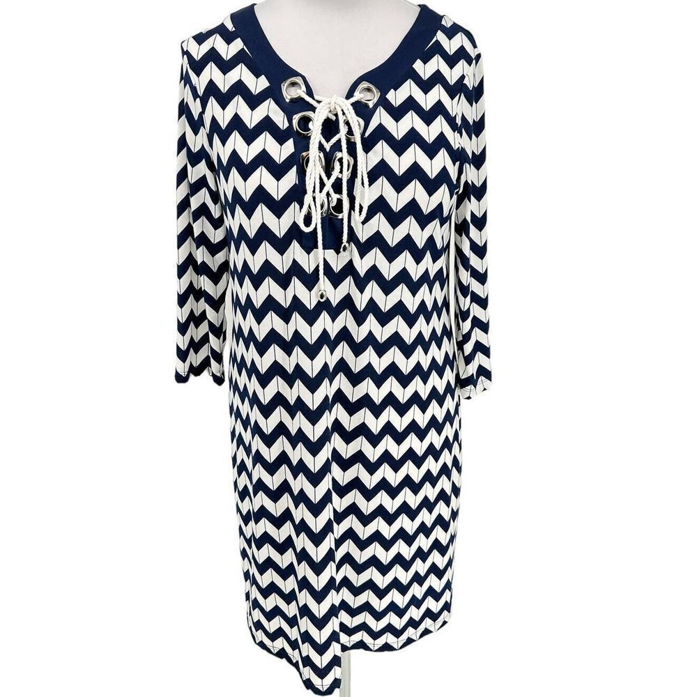 Haani Women's SZ L‎ Chevron Navy & White Print Jersey Drapey Knit Dress